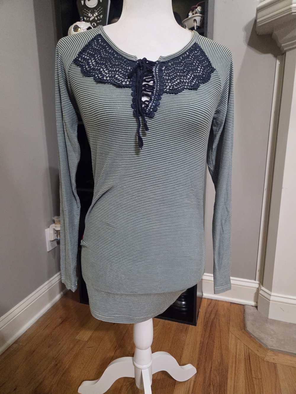 gimmicks by BKE Striped Long Sleeve Top with Navy Crochet Yoke